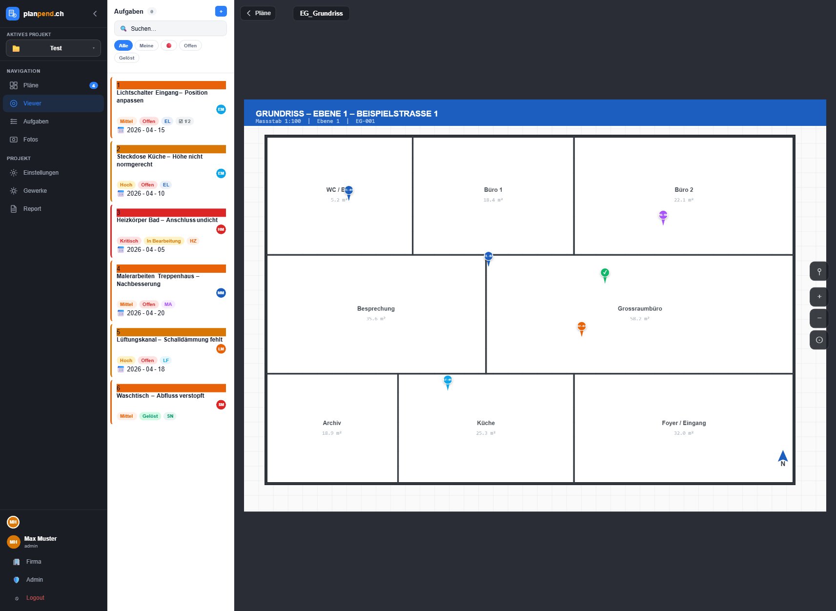 Pendenz-Pin auf dem Bauplan