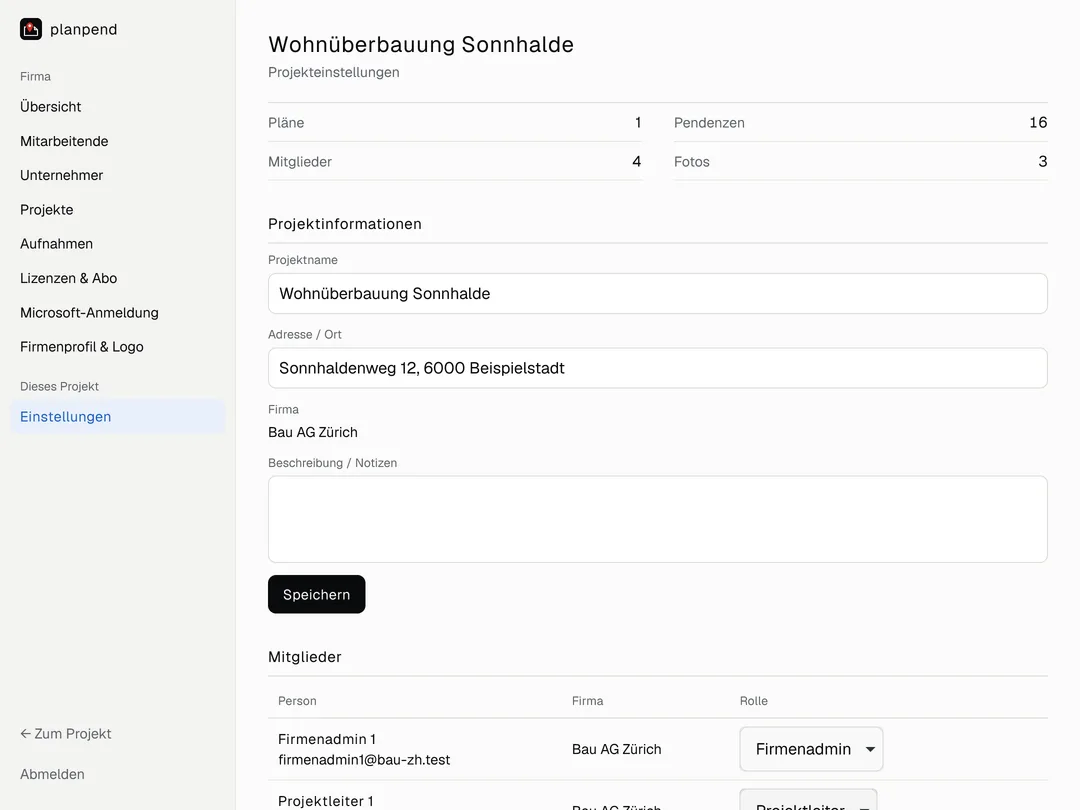 Projekteinstellungen mit Projektinformationen und der Mitgliederliste mit Rollen