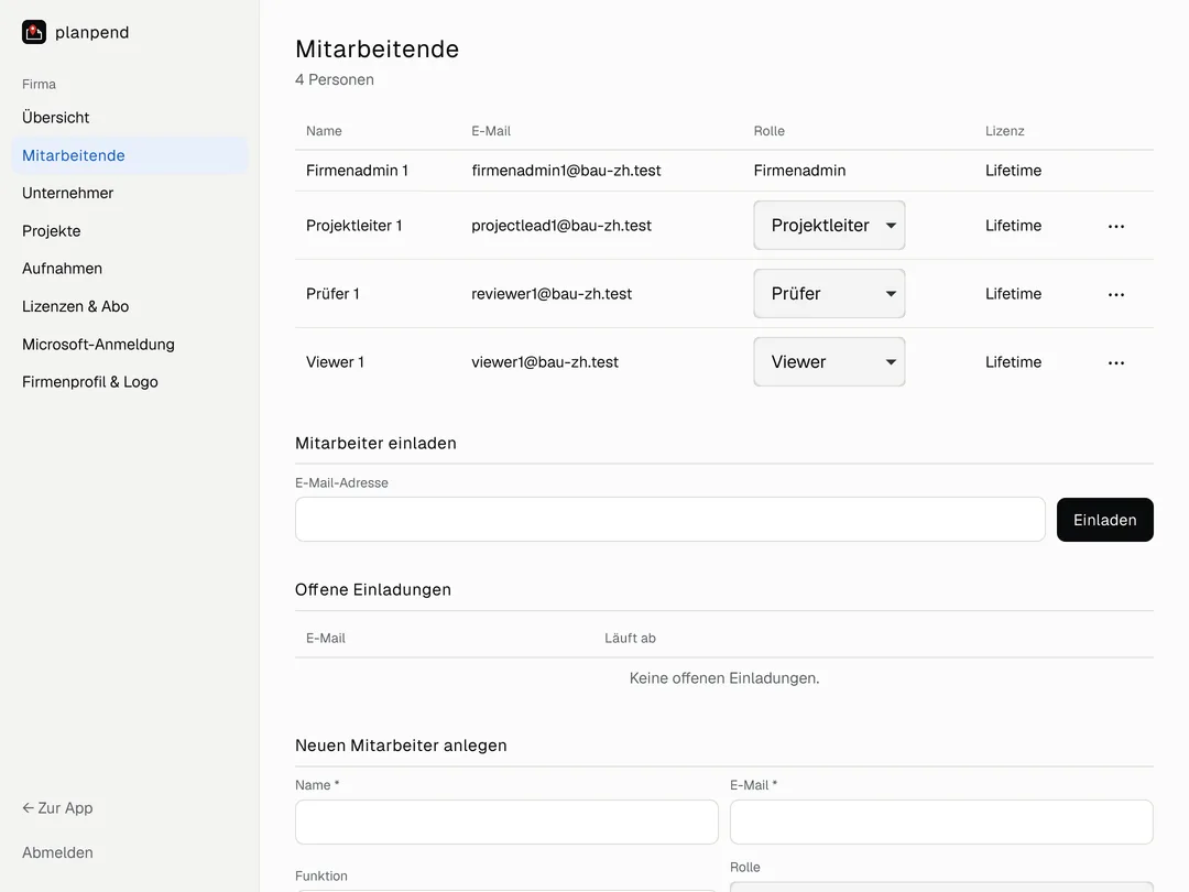 Firmenverwaltung: Mitarbeitende mit Rolle und Lizenz und Einladen per E-Mail