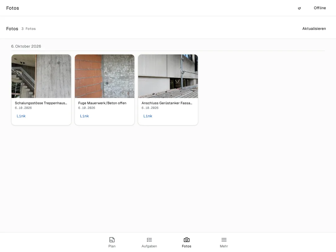 Foto-Galerie des Projekts mit den Baustellenfotos nach Datum