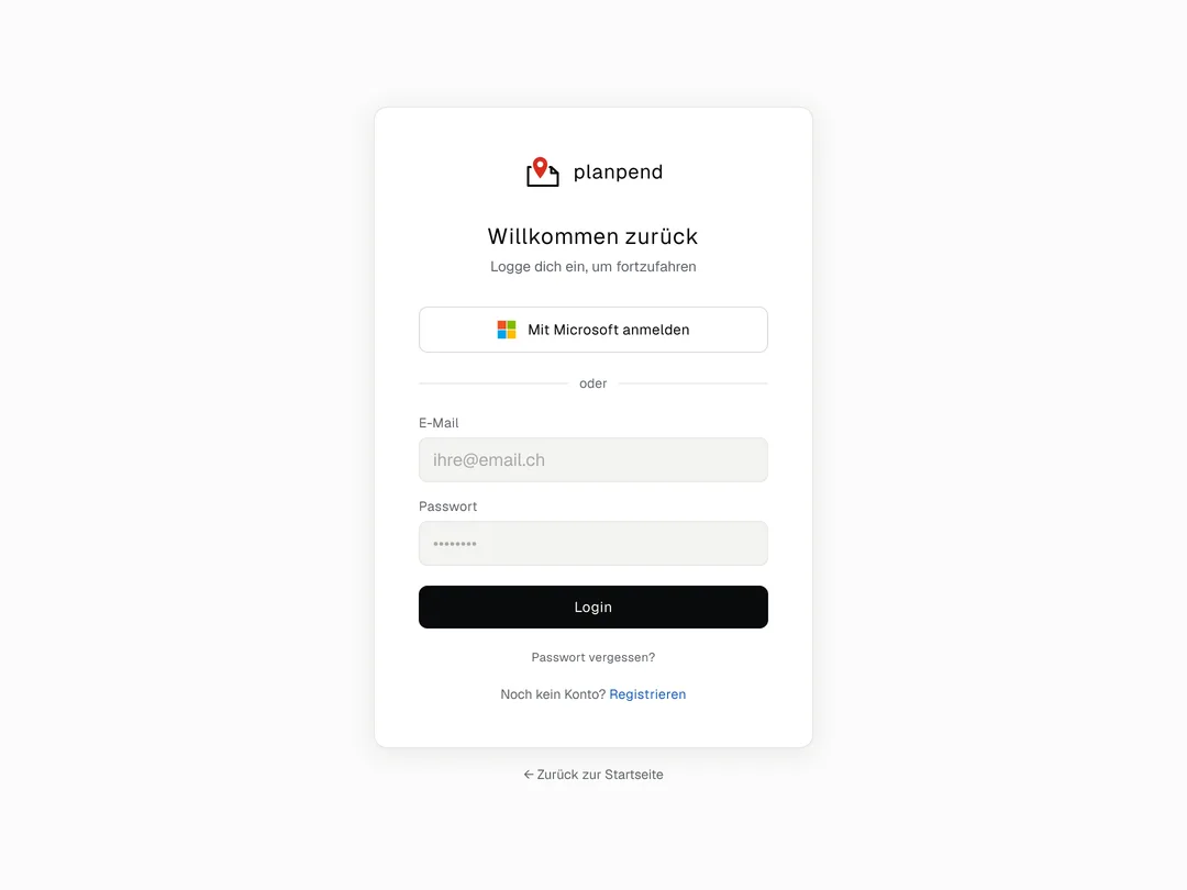 Anmeldeseite von planpend mit Microsoft-Anmeldung, E-Mail und Passwort